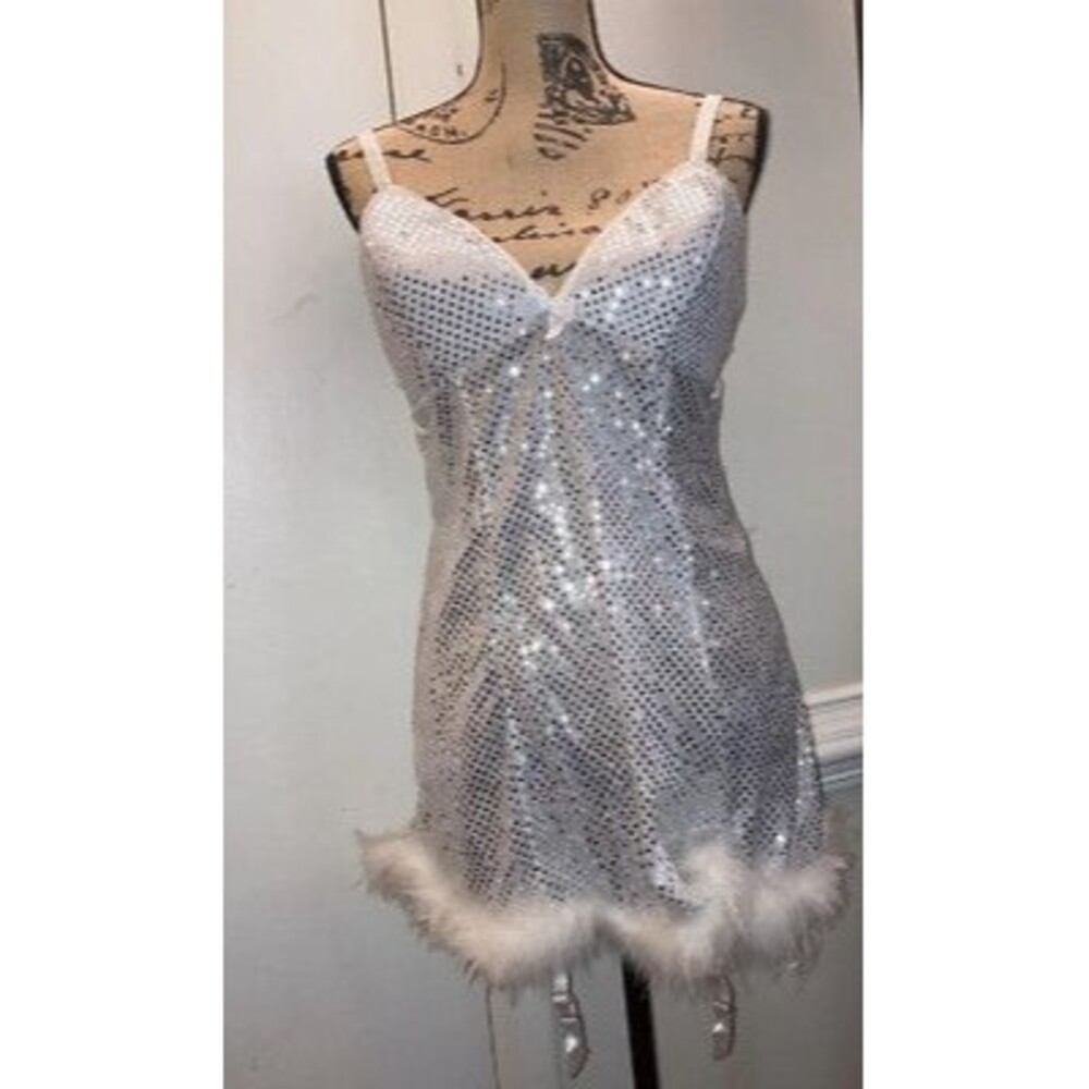Halloween Costume Babydoll Dress Teddy Snow Bunny Silver Womens Sexy XL Large
